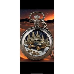 Vintage Style Winter Truck Pocket Watch Necklace – Snowy Forest Scene